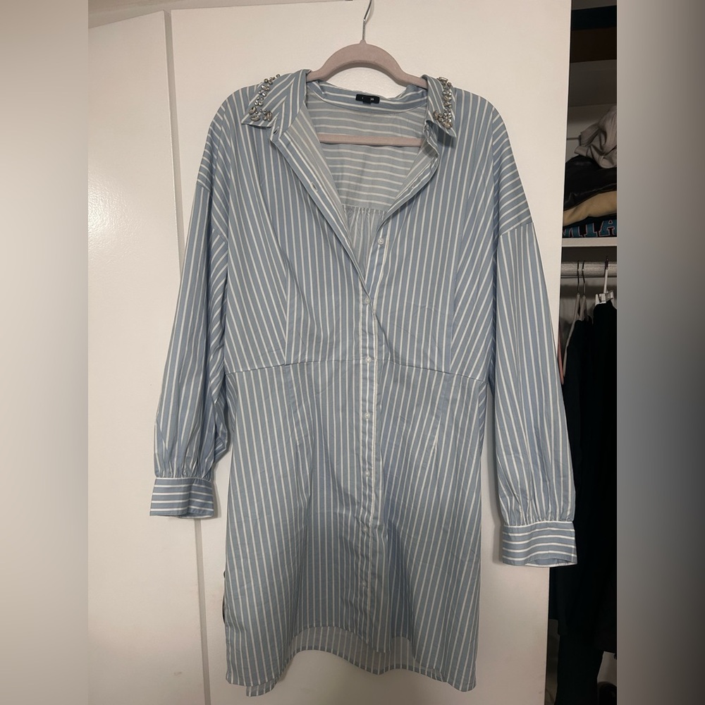 Express Sky Blue and White Striped Blouse